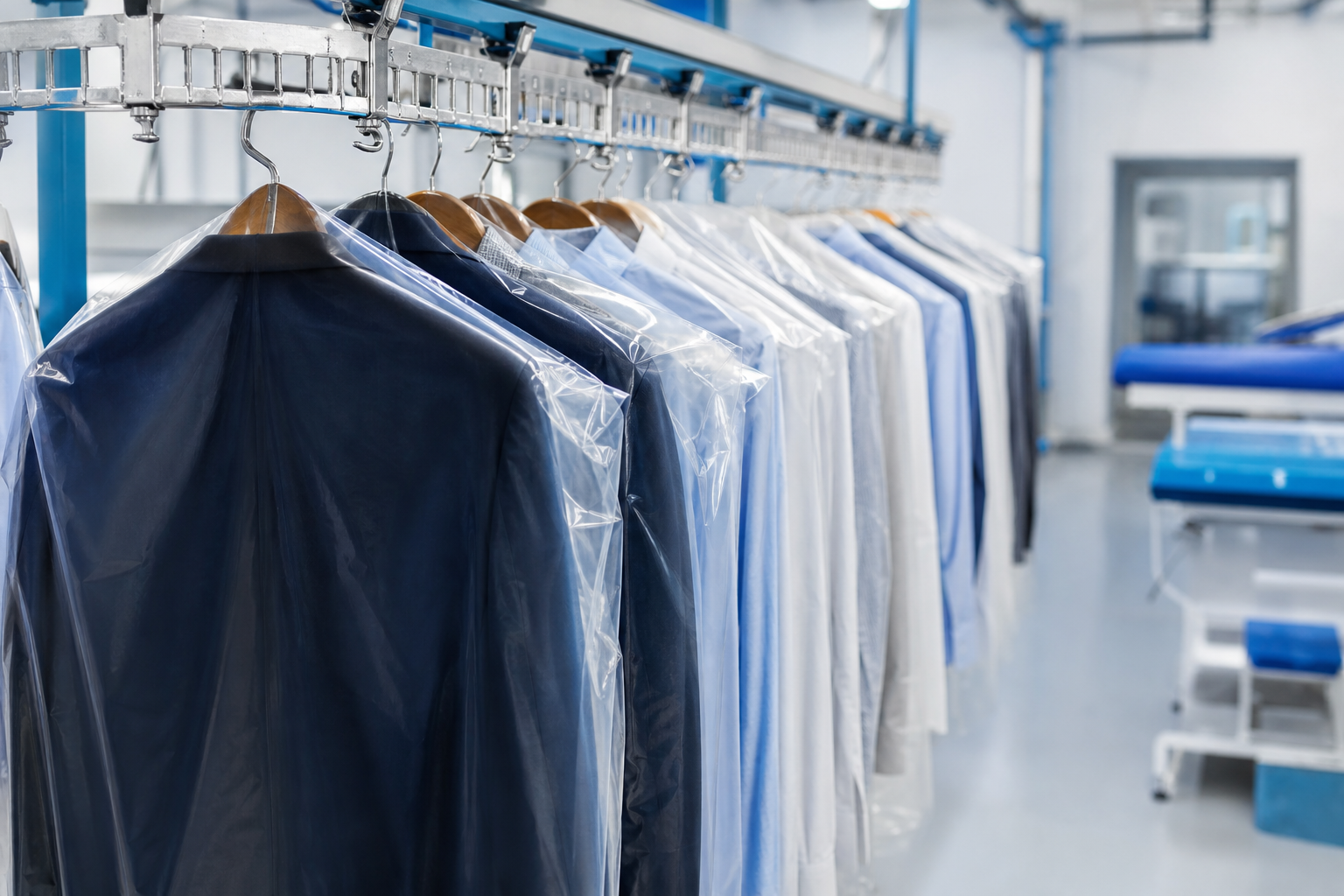 Garments on a dry cleaning conveyor